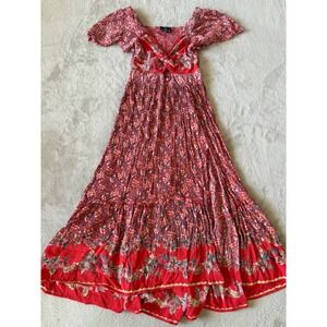 Angie Size Medium Floral Maxi Dress Smocked Bodice Bohemian Cottagecore Red